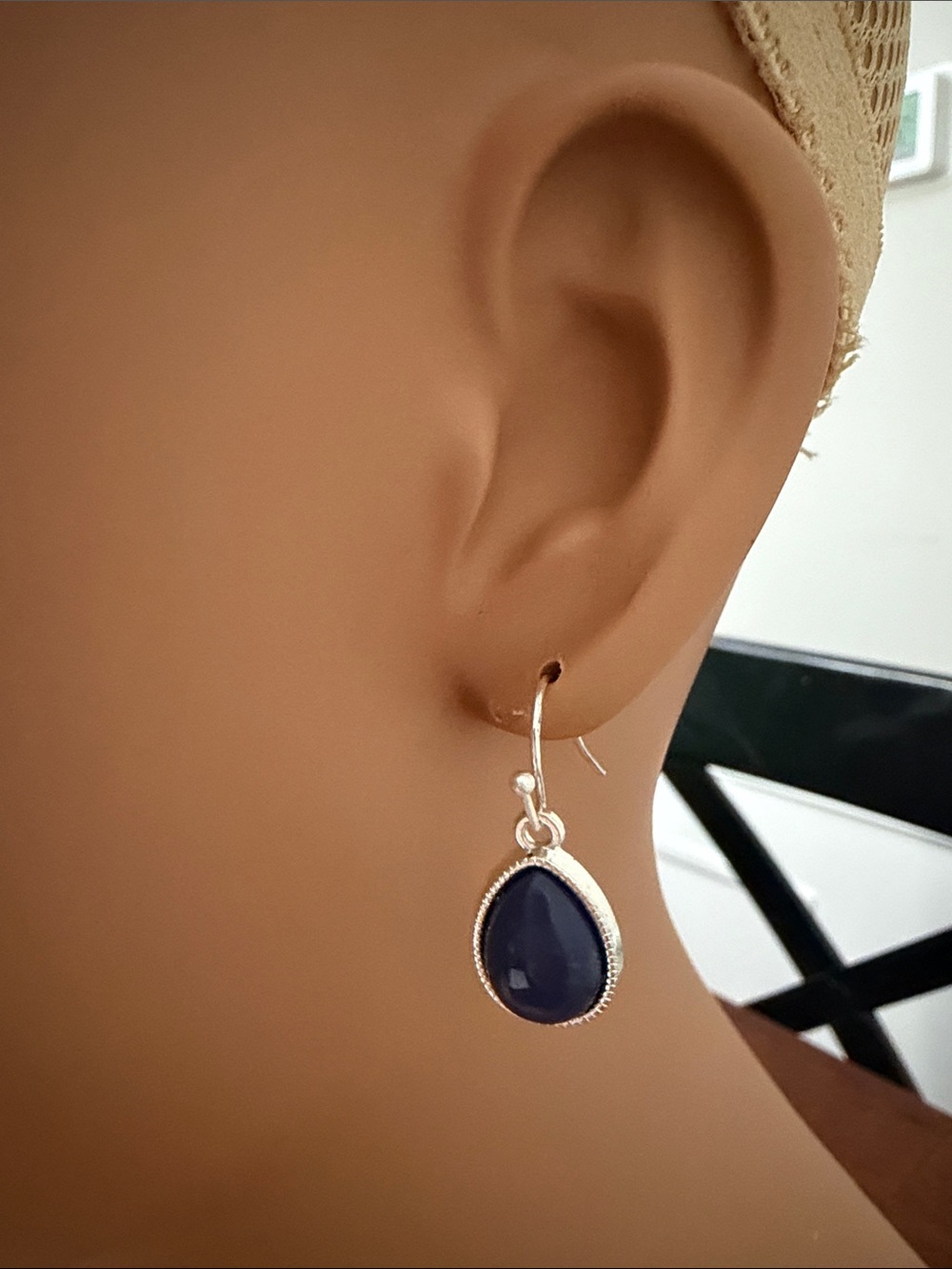 Deep Navy Teardrop Dangle Earrings with Silver-Tone Setting